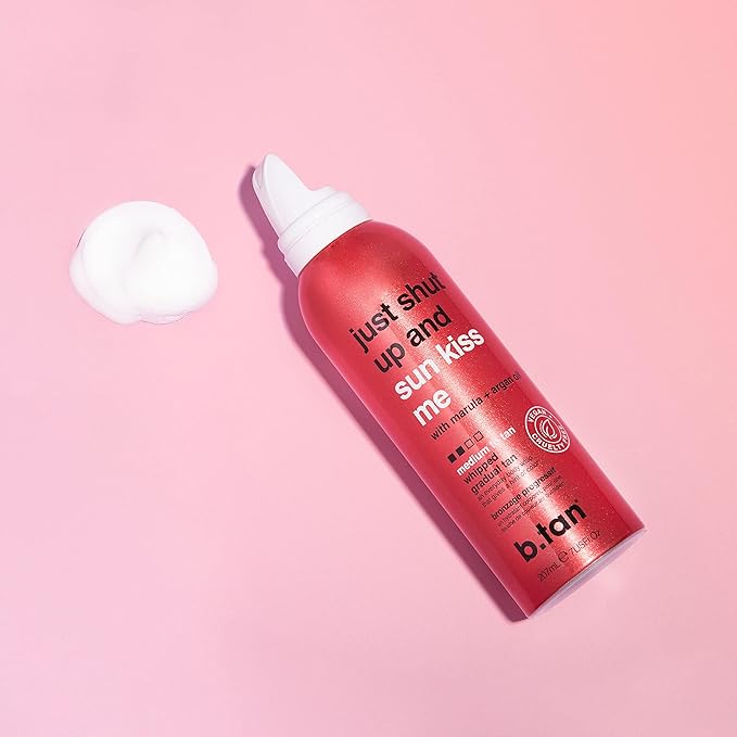 b.tan Medium Gradual Self Tanner Whip | Just Shut Up & Sun Kiss Me - Lightweight, Daily Aerosol Foam to a Build Luscious, Golden Glow, Enriched with Hydrating Marula & Argan Oils, 207ml