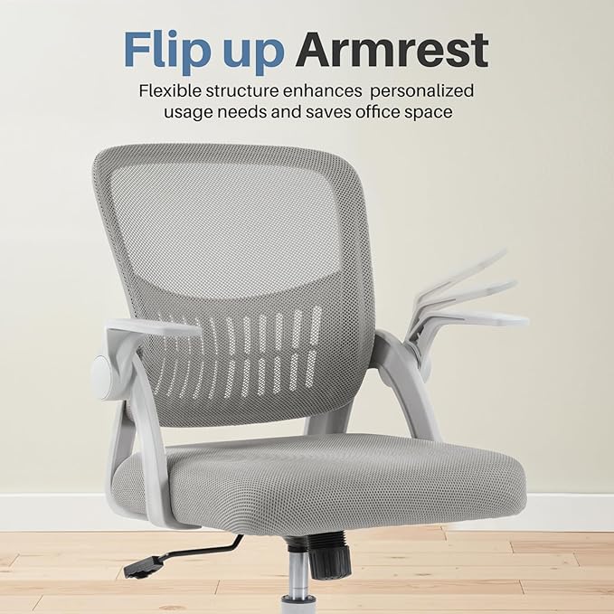 DUMOS Home Office Computer Chair - Ergonomic Mid Back Desk with Lumbar Support and Rocking Mode, Height Adjustable with Flip-up Armrest, for Conference Meeting Room, 360° Swivel, Adults, Grey