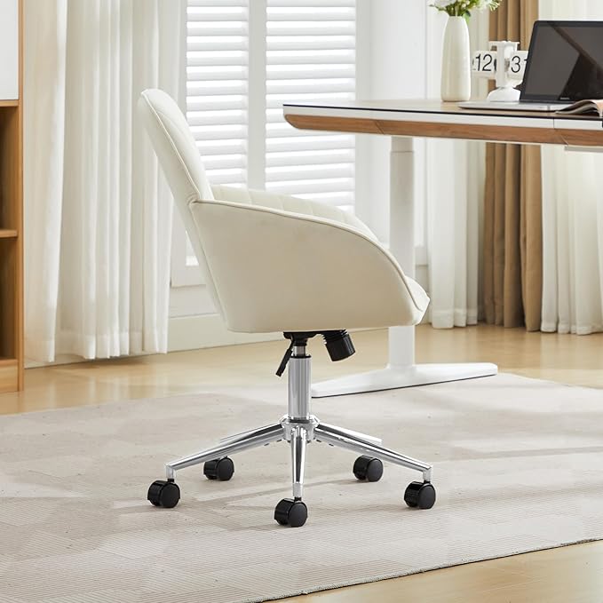 Velvet Home Office Desk Chair, Modern Cute Computer Task Chair with Back, Height Adjustable Upholstered Vanity Chair with Swivel Wheels for Women, Girls (Silver Base, Cream