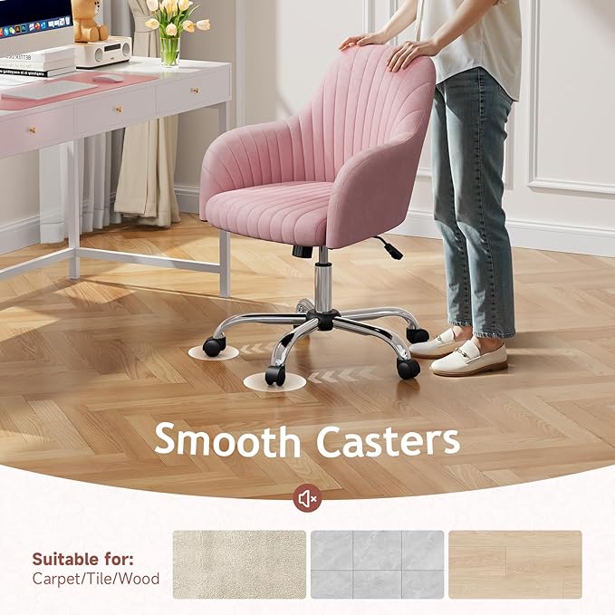 Warmiehomy Desk Chair, Velvet Office Chair for Home Office, Comfy Vanity Chair, Girl Cute Makeup Chair with Arm Rest for Bedroom Dressing Room, Pink