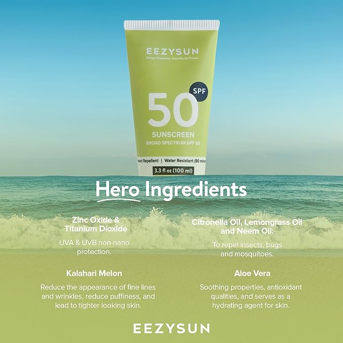 Sunscreen SPF50 with Insect Repellent - Water-Resistant Sunscreen Bug Repellent Combo with Citronella Oil, Lemongrass, Neem Oil - Vacation, Beach Essentials, Face & Body Sun Care - 3.3 fl oz