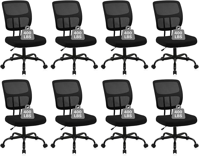 CLATINA Armless Home Office Chair, Small Ergonomic Mesh Back Desk Chair with Lumbar Support and Wheels, Adjustable Height 360° Swivel Rolling Computer Chair for Conference Waiting, Black, 8Pack