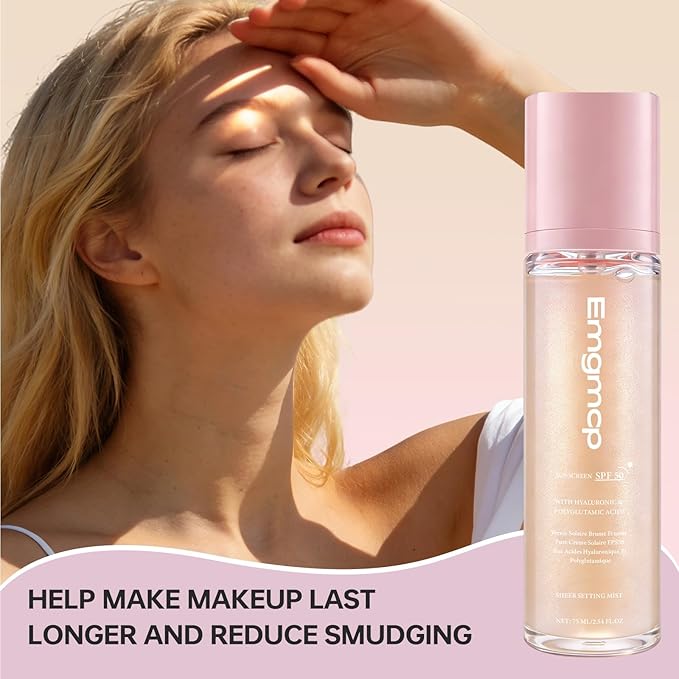 Sheer Setting Mist Sunscreen SPF 50, Broad Spectrum Shimmering Body Oil Mist for Face & Body, Hydrating Makeup-Friendly, Reef-Safe, Non-Greasy & Weightless Fast Drying for Dewy Finish (2pc)