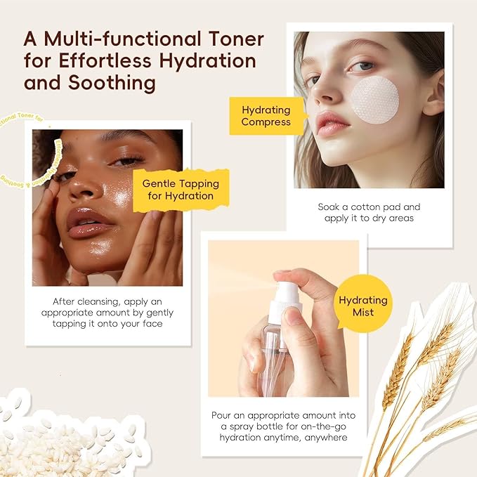 Rice Moisturizing Toner,Rice Extract Toner for Face,Hydrating for Dry Skin, Moisturizing Balance Care for Diminished Fine Lines,Skin Balancing & Pore-Reducing(100ML)