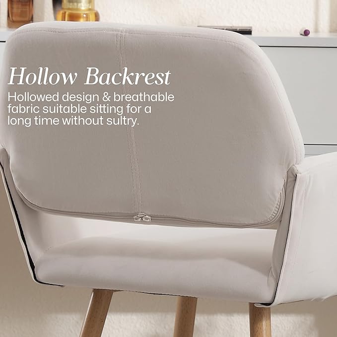 Home Office Velvet Desk Chair, Makeup Vanity Chair, Comfy Accent Armchair with Wood Grain Metal Legs, Cute Dining Chair with Hollowed Back, Beige