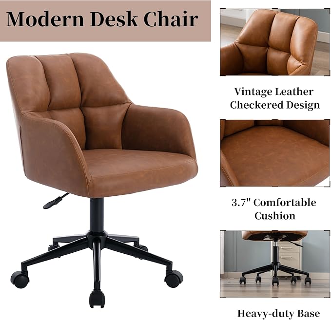 Modern PU Leather Office Desk Chair with Armrest, Height Adjustable Wide Seat Computer Task Chair for Home Office, Mid Back Accent Chair, Brown