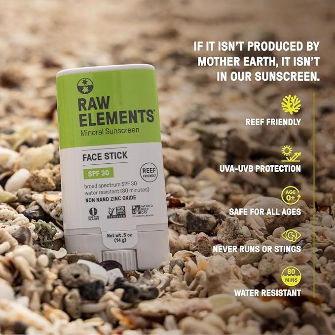Raw Elements Face All-Natural Mineral Sunscreen Stick, Non-Nano Zinc Oxide, 95% Organic, Water-Resistant 80 Min, Reef Safe, All Ages Safe, SPF 30+, Travel Sunblock 0.5 oz 2PK