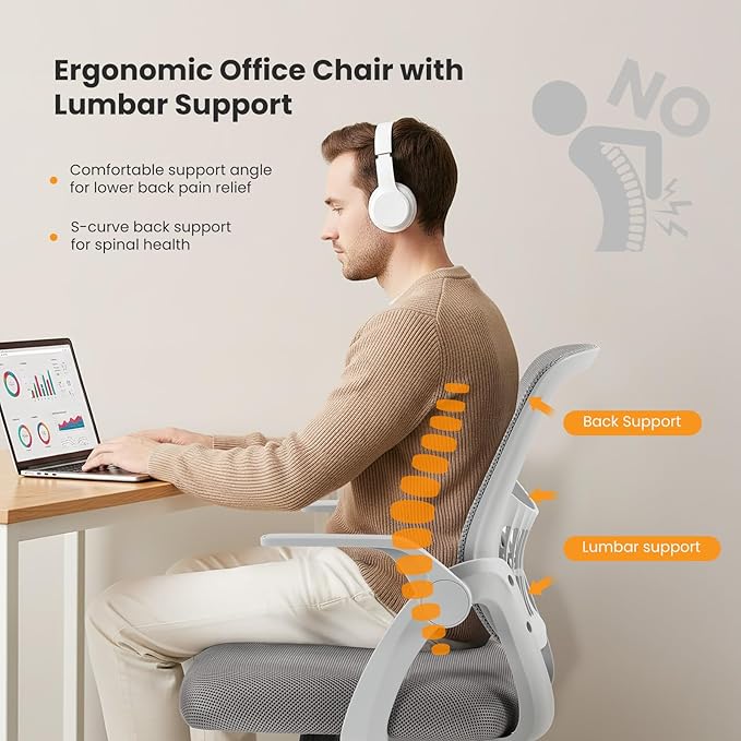 NEWBULIG Office Chair - Ergonomic Desk Chair with Lumbar Support, Mesh Computer Executive Rolling Chairs, Swivel Task Chairs with Wheels, Comfy Flip-up Arms for Bedroom, Study, Student Gray