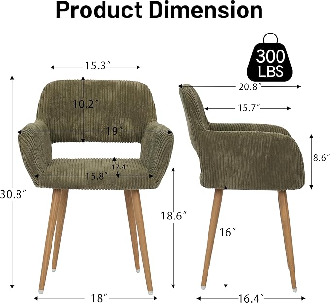 KCC Small Modern Dining Room Arm Chairs Set of 4, Mid-Century Upholstered Corduroy Fabric Side Seat Club Guest with Metal Tube Legs for Kitchen, Living Room, Green