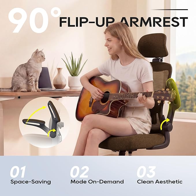 Ergonomic Office Chair, High Back Mesh Desk Chair with Adjustable Lumbar Support & Headrest, Flip-up Armrest, Computer Task Chairs for Home and Executive Office (B-Brown)