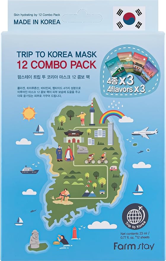 FARMSTAY Trip To Korea Facial Mask Sheet 12 Combo Pack Korean Skincare Mask Combo, Hypoallergenic,Moisturizing,Nourishing,Vitalizing, Refreshing0.77 fl.oz.*12 ea