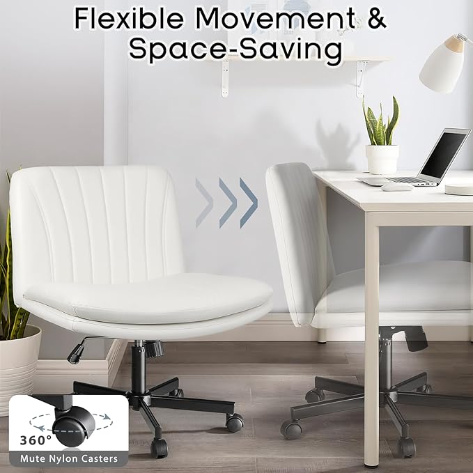 PUKAMI Criss Cross Chair,Comfy Cross Legged Office Desk Chair No Wheels,Modern Fabric Swivel Adjustable Height Mid Back Wide Seat for Home Office Computer (Pu White with Wheels)