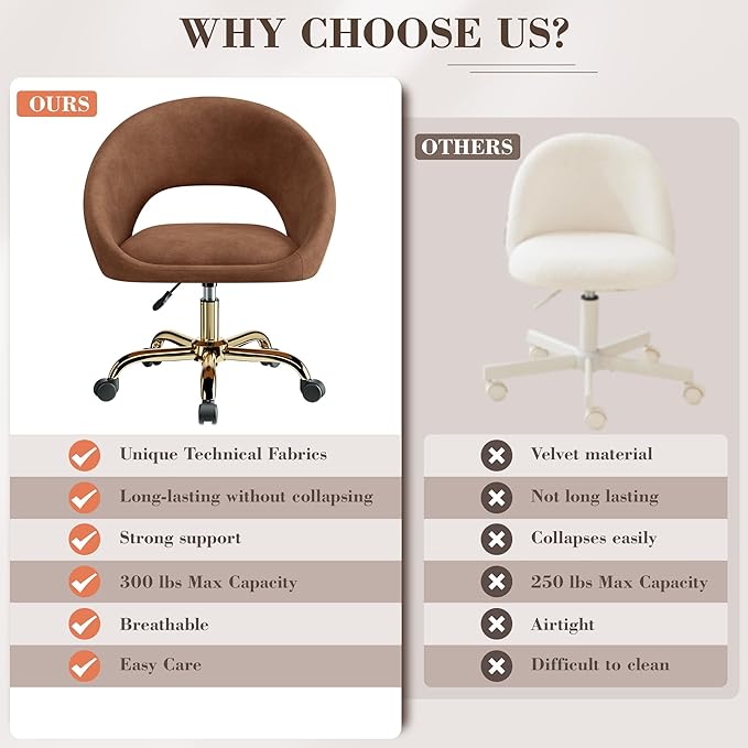 Vanity Chair with Wheels, Modern Makeup Vanity Chairs with Back Adjustable Height, Comfy Cute Home Office Desk Chairs for Bedroom, Living Room (Brown)