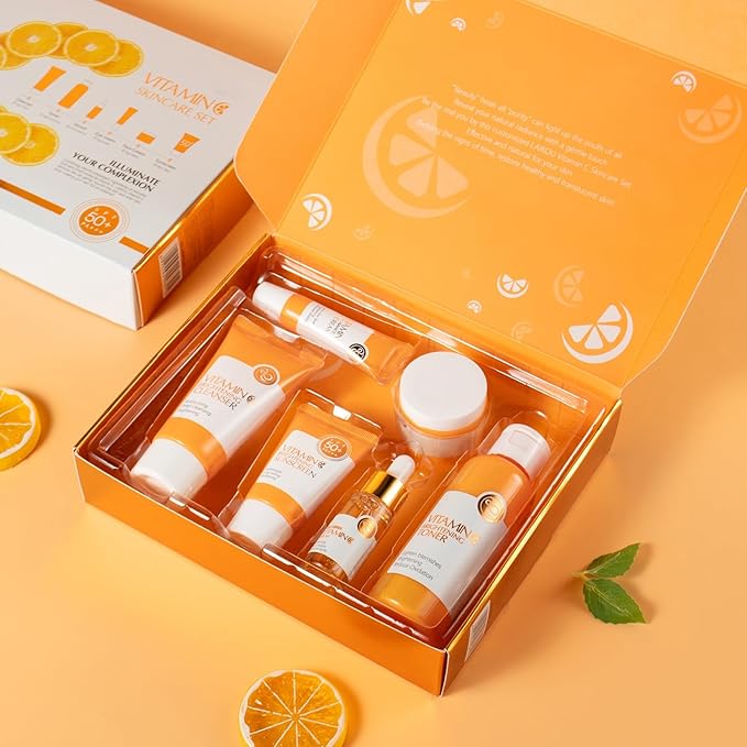 6Pcs Vitamin C Skincare Gift Set for Teenage Girls - Travel Skin Care Kit with Cleanser, Toner, Serum, Eye Cream, Face Cream, Sunscreen, Hydrating Facial Kit for Women Teen Girls Mom Daughter Birthday
