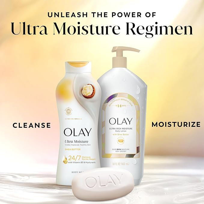 Olay Beauty Bar, Ultra Moisture,10x More Moisturizers, 24/7 Soft & Smooth Skin, Gentle Cleanse on Face & Body, Vitamin B3 Complex, For All Skin Types, Shea Butter Scent, 3.75 oz, (Pack of 8)