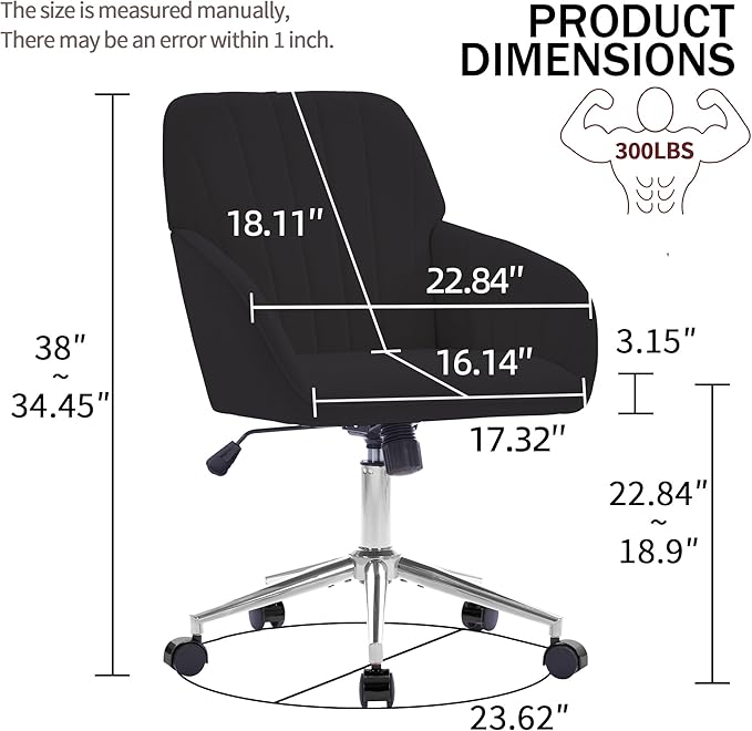 Velvet Home Office Desk Chair, Modern Cute Computer Task Chair with Back, Height Adjustable Upholstered Vanity Chair with Swivel Wheels for Women, Girls (Silver Base, Black