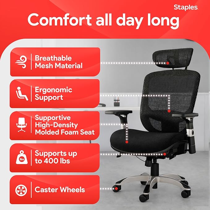 STAPLES Hyken Ergonomic Office Chair Adjustable Lumbar Support with Breathable Mesh, Swivel Desk Chair for Home Office, Black (XL)