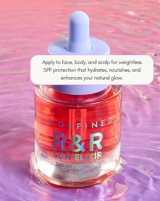 Undefined R&R Sun Elixir SPF 30 – Multitasking Glow Oil with Vitamin C, Water-Resistant Sunscreen, Rose & Vanilla Scent to brighten and protect face, body, hair from UV damage