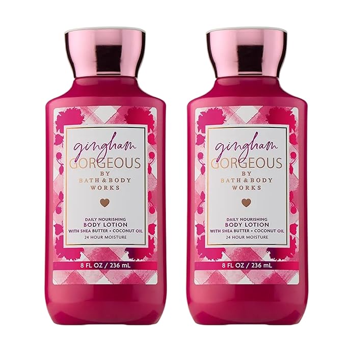 Bath & Body Works Gingham Gorgeous Body Lotion, Lightweight Daily Moisturizer with Shea Butter & Coconut Oil – Pink Strawberries, Peony Blooms, and Peach Nectar Scent, 8 fl oz - 2 Pack