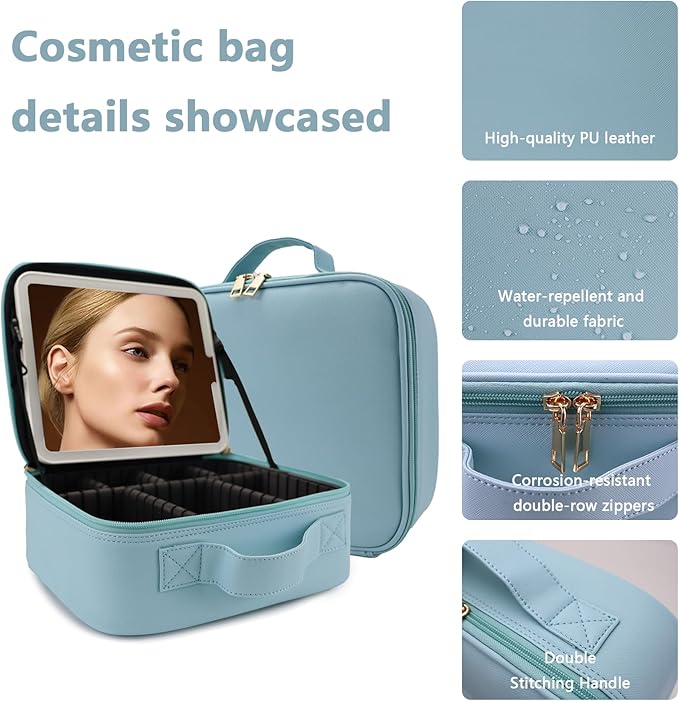 Makeup Bag with Led Mirror,Large Vanity Makeup Cases with 3 Color Setting,Portable Storage and Adjustable Dividers,for Women and Makeup Artists Cosmetic Organizer Travel Makeup Bag-Light Blue