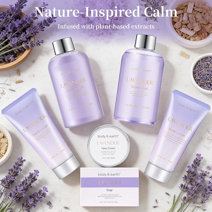 BODY & EARTH Bath and Body Gift Set - 6 Pcs Lavender Bath Kit for Women Spa Set, Perfect Birthday, Mother's Day Gift Set for Women Includes Bubble Bath, Shower Gel, Body Lotion