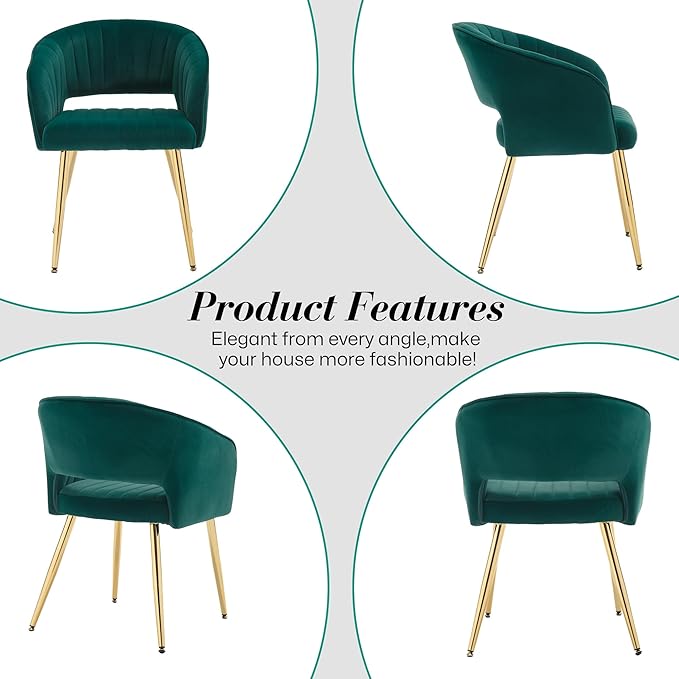 Modern Velvet Vanity Chair, Home Office Desk Chair with Hollow Back, Upholstered Dining Chair with Gold Metal Legs, Comfy Accent Armchair for Living Room Bedroom, Dark Green
