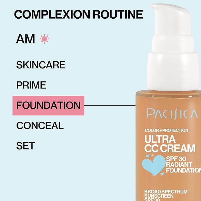 Pacifica Ultra CC Cream Radiant Foundation SPF 17 - Warm/Medium – Medium Coverage Color Correcting Cream, Dewy Finish, Mineral SPF, 1 oz
