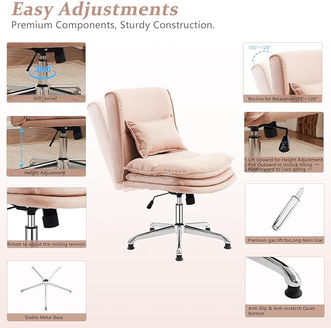 VINGLI Cloud Criss Cross Legged Home Office Desk Chair, 18" High Back Armless, Wide Adjustable Comfy Padded Seat, Modern Swivel Makeup Vanity Chair, Microfiber, Pink