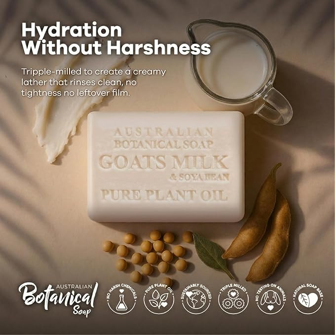 Australian Botanical Soap Goat Milk Soap Bar – Triple-Milled Body Cleanser with Shea Butter & Soya Bean Oil – Gentle Hydration for Sensitive Skin 6.8 oz – 1 Pack