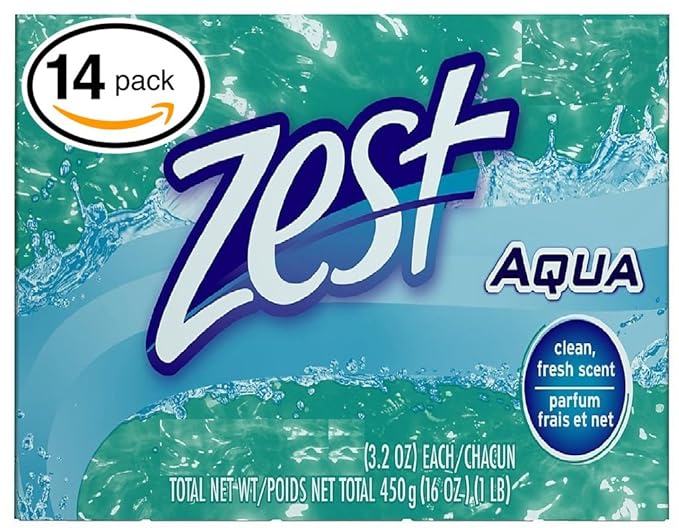Zest (PACK OF 14 BARS) AQUA Deodorant Bar Soap with Vitamin E. All-in-one exfoliating & moisturizing soap Leaves Skin Smooth & Radian! Great for Hands, Face & Body! (14 Bars, 3.2oz Each Bar)