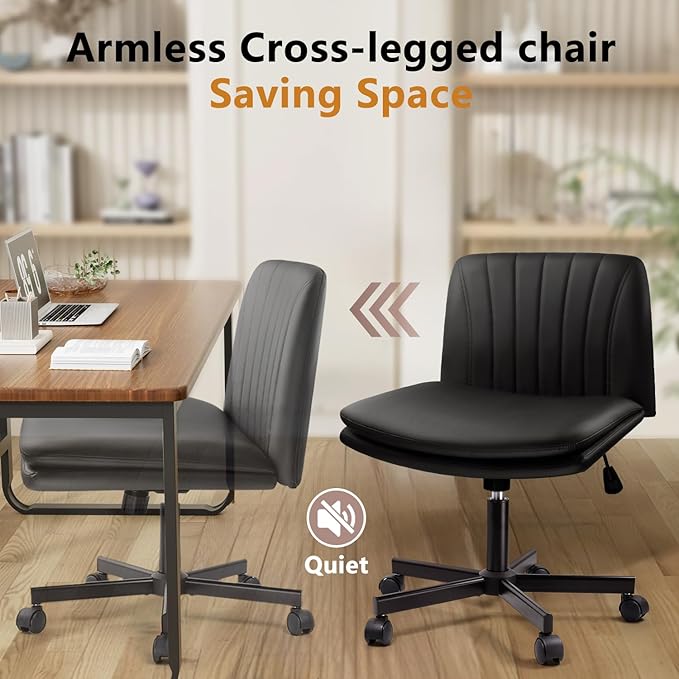 Criss Cross Chair, PU Leather Vanity Chair with Wheels, Armless Cross Legged Home Office Chair, Wide Seat Swivel Criss Cross Desk Chair, Height Adjustable Vanity Chair with Back, Black