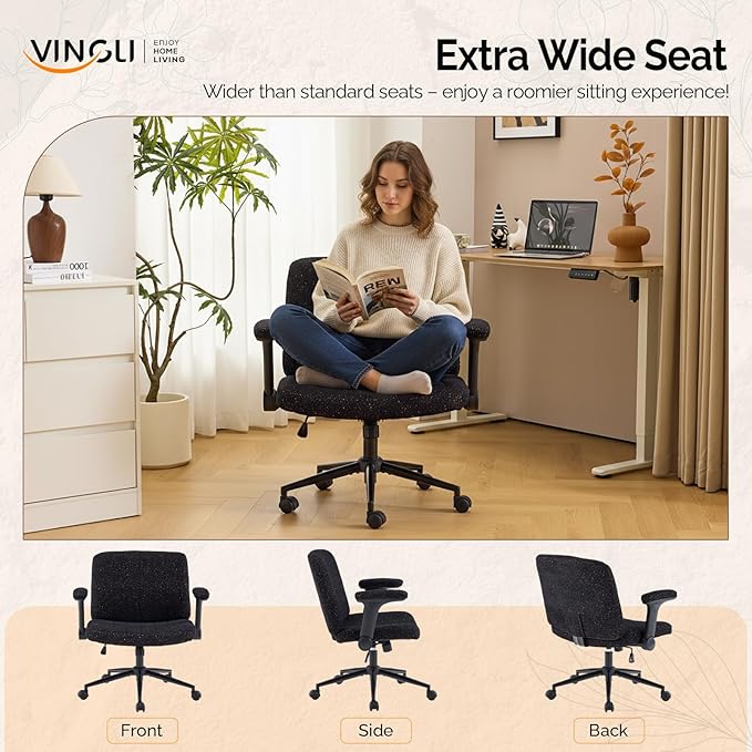 VINGLI Criss Cross Chair with Adjustable Flip-Up Arms,Cross Legged Chair with Wheels,Extra Wide Office Chair,Desk Chair for Home Office,Vanity,Bedroom, Apartment,Starry Chenille,Black