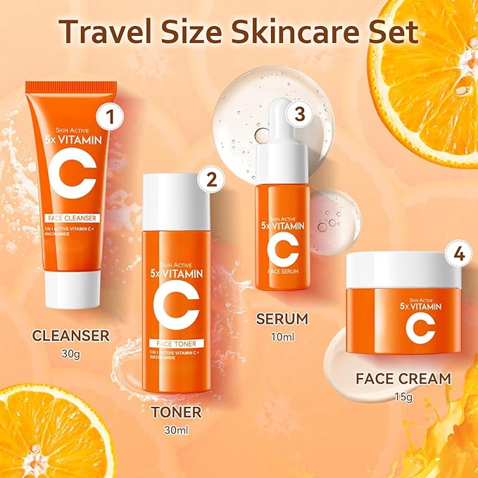 4-in-1 Skincare Kit for Women, Vitamin C Skincare Kit with Facial Cleanser, Toner, Serum and Face Cream