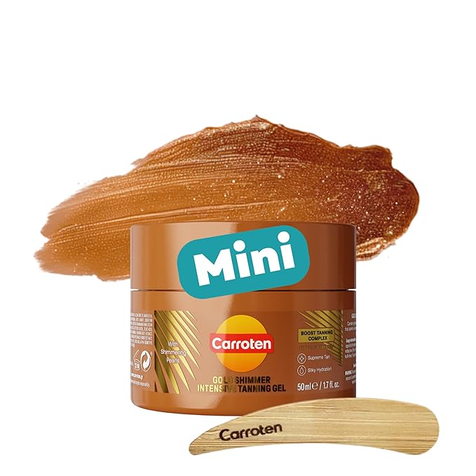 Carroten Mini Shimmer Gold Tanning Gel | Travel Size Tan Accelerator & Body Bronzer | Non-Greasy Water-Resistant with Carrot & Coconut Oil | Vitamin A & E For Moisture & Hydration | 1.7 oz + Spatula