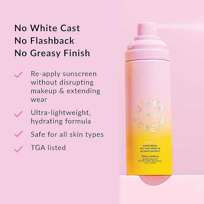 QUICK FLICK 3-in-1 SPF 50+ Sunscreen, Setting Spray & Hydration Mist | Ultra-Lightweight, Fast Absorbing & Non-Greasy | Invisible Makeup Setting Spray | No White Cast | 90 ml