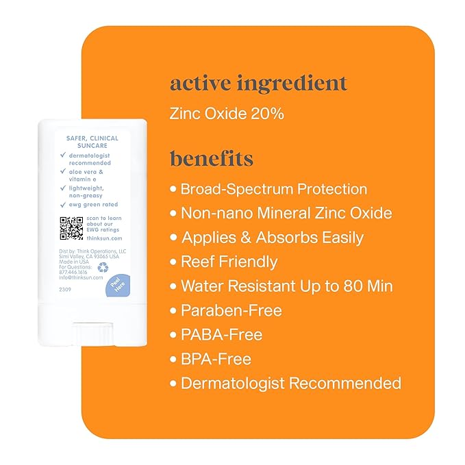 Thinksport SPF 30 Sport Sunscreen Stick with Zinc Oxide, 0.64 oz – Safe, Natural, Water Resistant Sunscreen Stick – Mineral UVA/UVB Sun Protection – Reef Safe Sunscreen