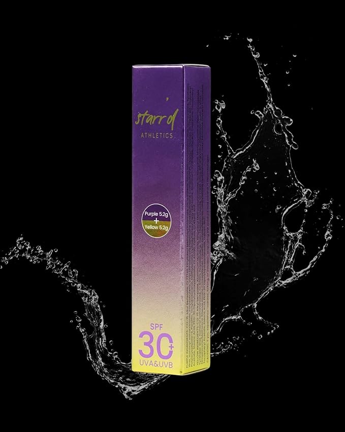SHINER STICKS™ Dual-colored Applicator Athletic Sunscreen Sticks, 9 Colors, SPF30 UVA & UVB Protection, Water-Resistant, Moisturizer, Glare Reduction, Easy application & removal (Purple and Yellow)