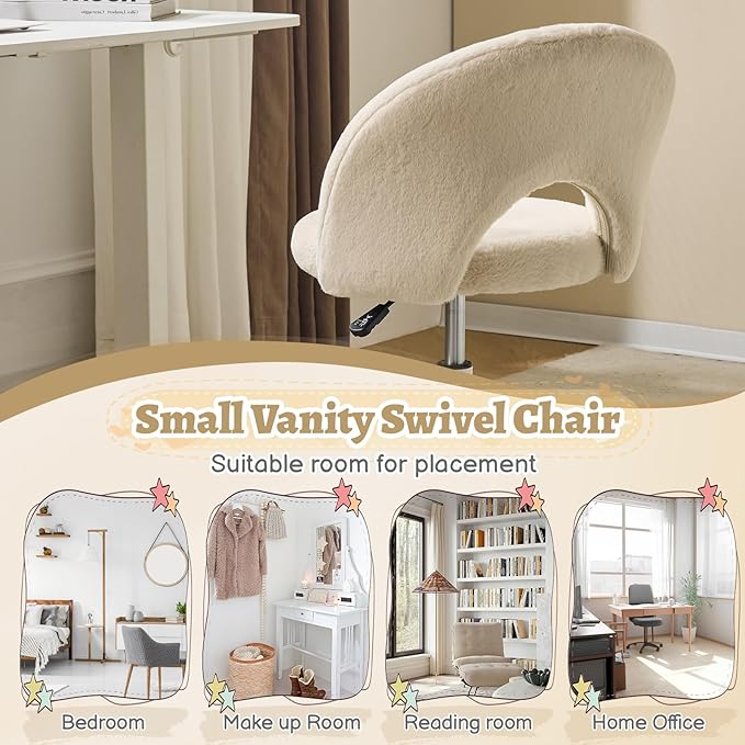 VINGLI Small Vanity Chair with Faux Fur Wheels for Girls,Cute Adjustable Height Armless Office Desk Chair,360°Swivel Comfy Rolling for Study,Make up Room,Small Space,Khaki