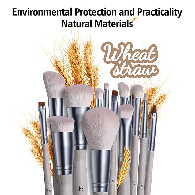BS-MALL Makeup Brushes Set – Premium 14 Pcs Brush Collection with 4 Pcs Mini Sponges & Case, Perfect for Travel, Complete Beauty Tools for Women (Wheat straw)