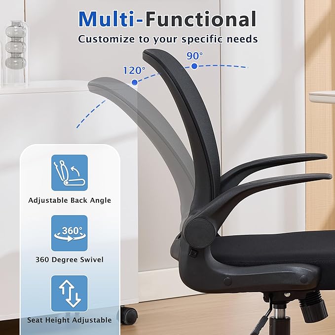 IPKIG Foldable Office Chair for Small Spaces | Home Office Folding Desk Chairs with Wheels and Flip Up Arms | Ergonomic Mesh Computer Chair for Adults & Kids(2PCS Black)