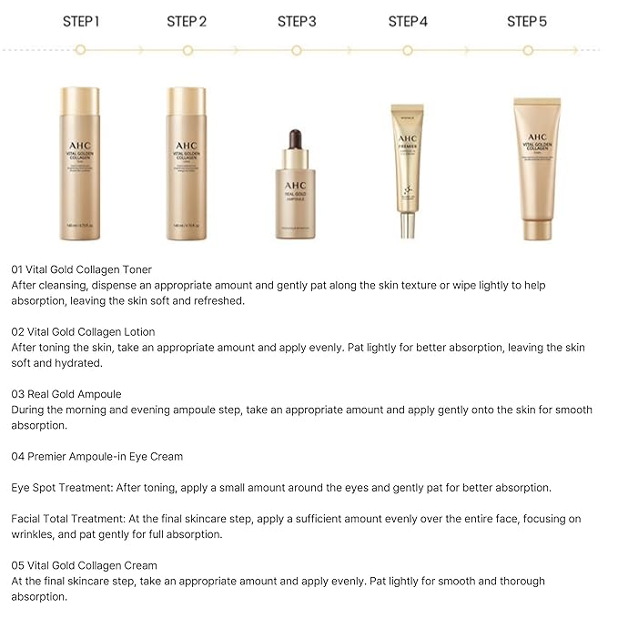Vital Golden Collagen Skin Care Set - 5-Piece Travel Skincare Kit for Radiant Skin - Includes Toner, Lotion, Ampoule, Cream, Eye Cream - Deep Hydration & Synergy Effect - Ideal Gift Set for women
