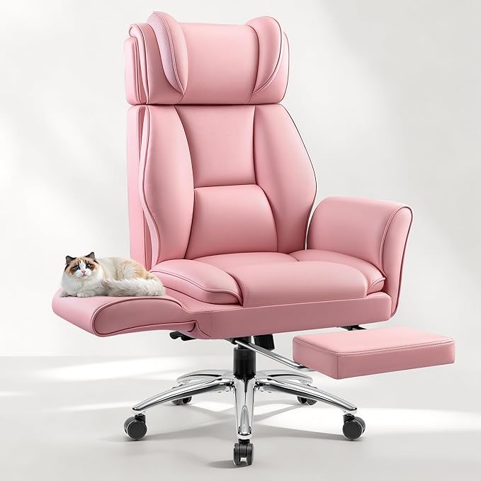 Big and Tall Office Chair, Flip Armrests for Pets & Cross Legged Sitting, Ergonomic Leather Executive Desk Chair with Foot Rest, High-Back Reclining Computer Chairs for Office Home Game - Pink