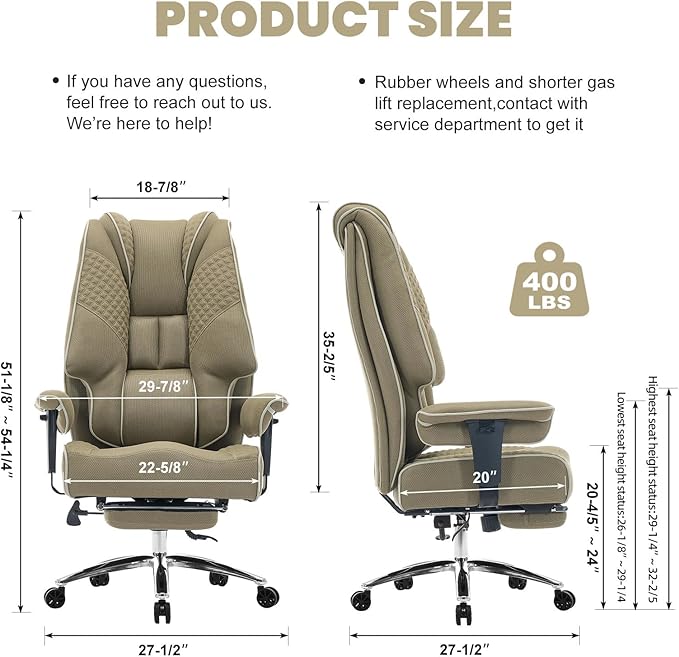 Big and Tall Office Chair 400lbs Wide Seat, Leather High Back Executive Office Chair with Lumbar Support, Ergonomic Chairs Padded Armrests & Thick Cushion (Mesh Green)