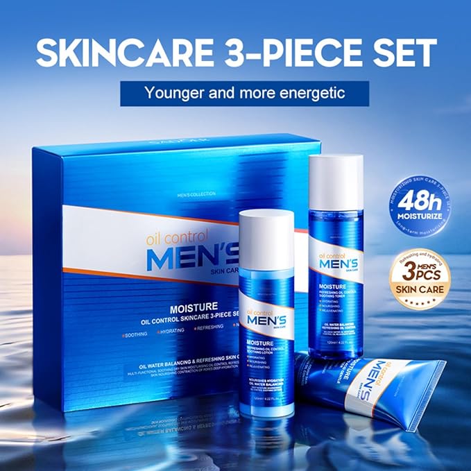 Men's Oil Control 3-Piece Skincare Set, Gentle Face Wash, Refreshing Toner & Lightweight Lotion for Oily Skin Balance, Valentine's Day Gifts for Men