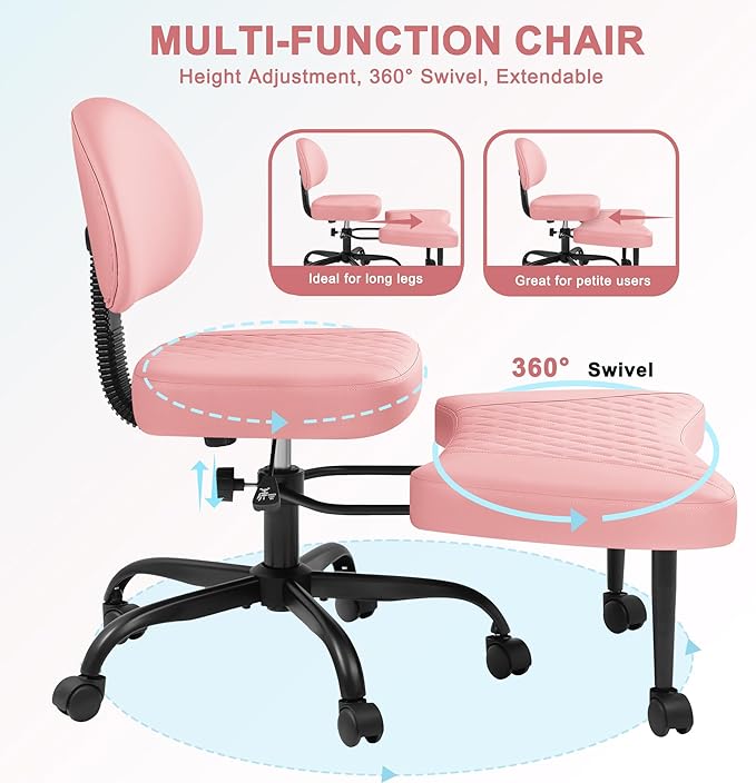 GUNJI Ergonomic Criss Cross Legged Office Chair, 360° Swivel Meditation Kneeling Chair with Wheels, ADHD Chair with Footrest, Lumbar Support, Wider Height Adjustable Seat (Pink, Teddy Fleece)