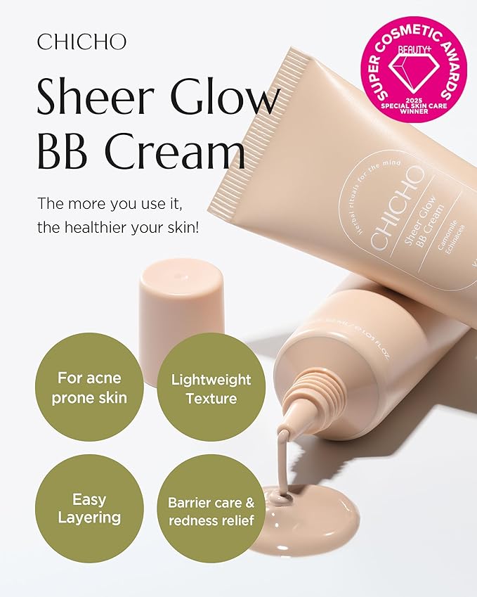 CHICHO Sheer Glow BB Cream 93% Herbal Base Chamomile Flower - Korean Makeup Redness Coverage for Acne Prone Sensitive Skin, Vegan, Non-Comedogenic, Pore Concealer, 1.01 fl.oz.