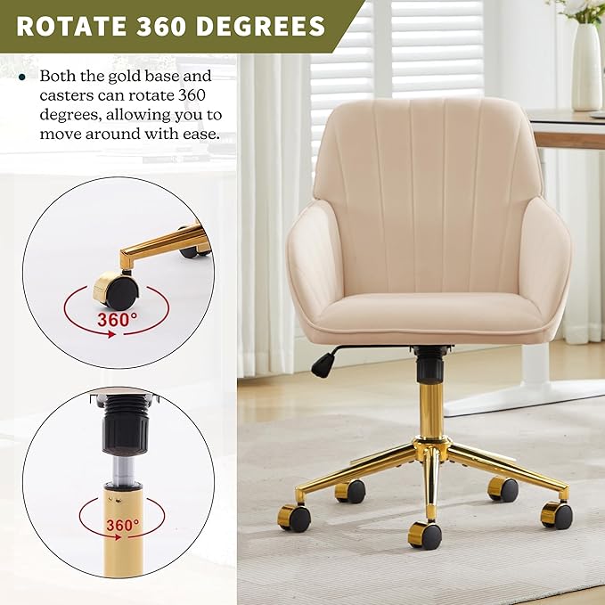 Velvet Home Office Desk Chair, Modern Cute Computer Task Chair with Back, Height Adjustable Upholstered Vanity Chair with Swivel Wheels for Women, Girls (Gold Base, Oatmeal