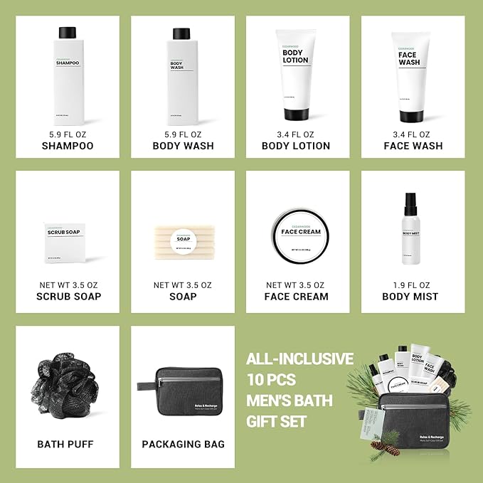 Gifts for Men, 10Pcs Body Wash Seyts with Toiletry Bag, Cedar Scents Brithday Gift Baskets for Men, Christmas, Fathers Day Gifts