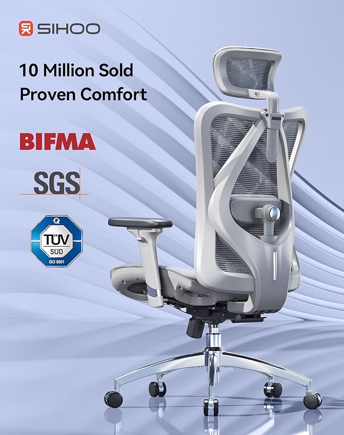 SIHOO M57 Ergonomic Mesh Office Chair, High Back Home Desk Chair with 3D Armrests, Lumbar Support and Adjustable Headrest, Comfortable Computer Chair, Big & Tall Office Chair Hold 330 LBS-Light Grey