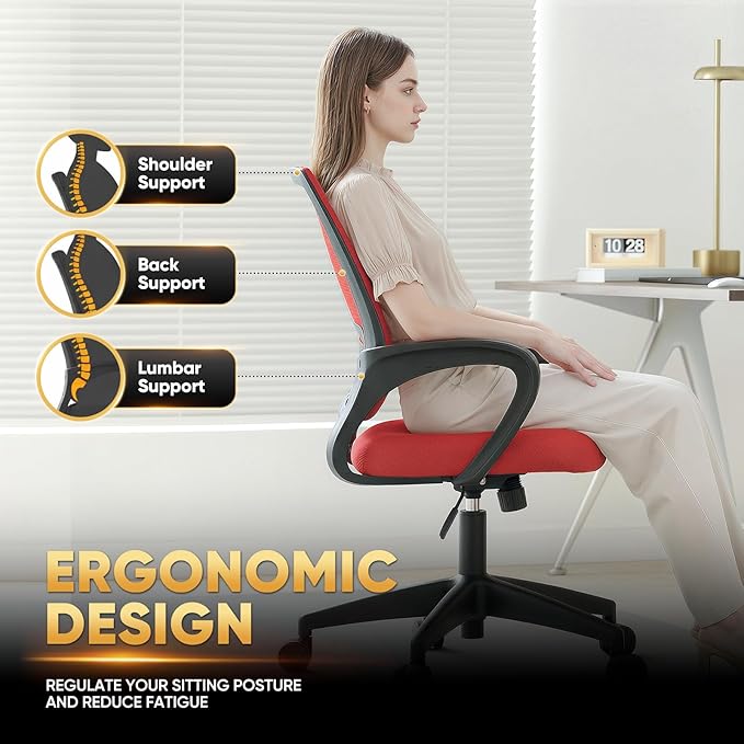 Magshion Ergonomic Office Desk Chair, Mid-Back Mesh Computer Chair, Swivel Chair with Breathable Backrest & Lumbar Support, Adjustable Height for Gaming, Work, Study, 300 Lbs Capacity, Red